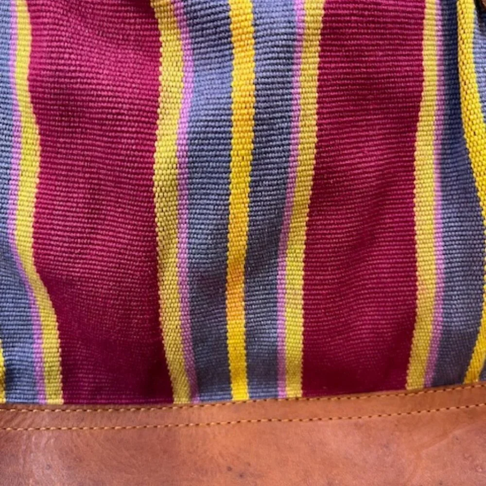VTG Brown Leather & Striped Tapestry Handbag Snap Closure 11
